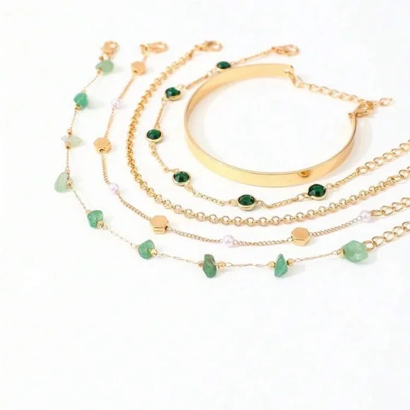 Gold Layered Bracelet Set with Green Accents - Picture 4 of 4